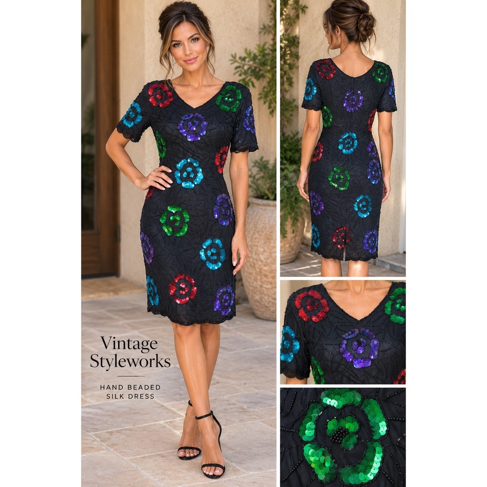 Vintage Styleworks Hand Beaded Silk Dress Black Floral Sequin Size 8 J0313